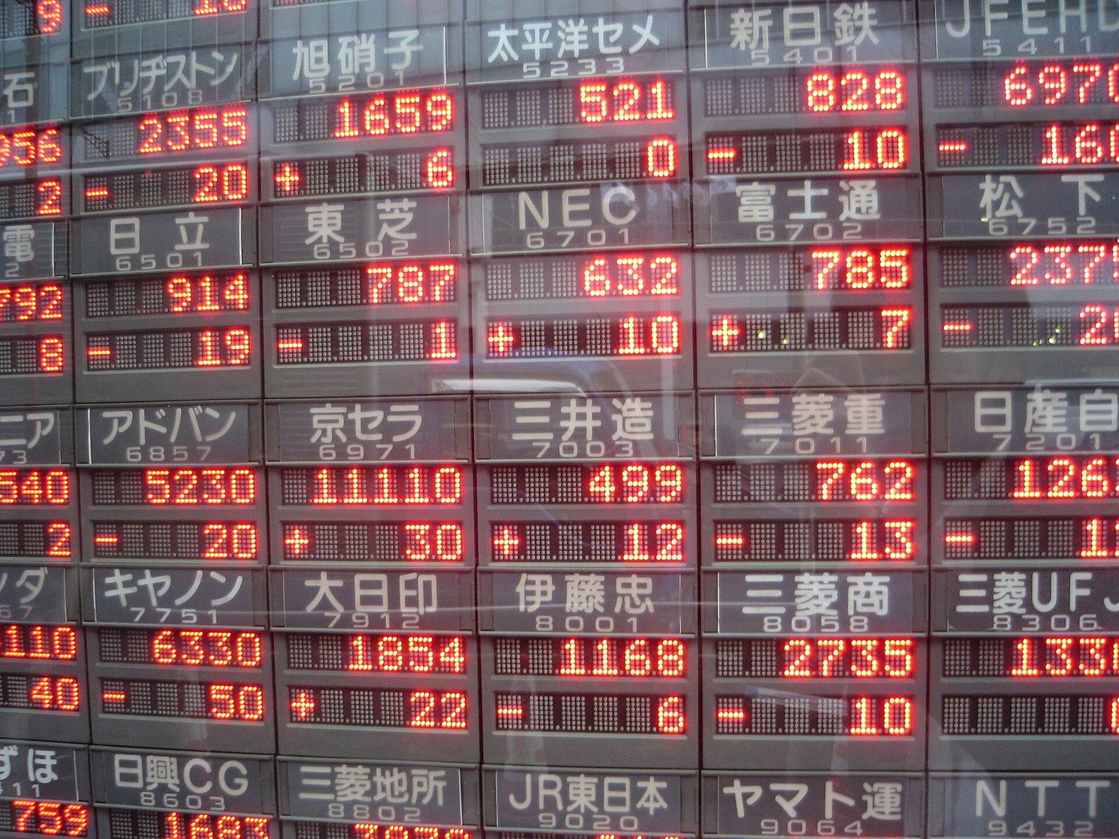 Electronic board in front of a Tokyo brokerage displaying security names, quoted prices and recent market movements